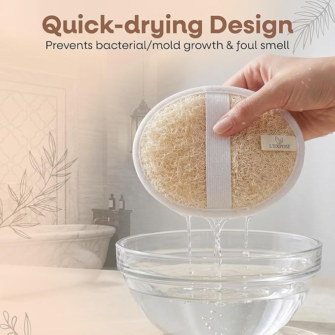 L'Exfose Organic Natural Loofah Body Scrubber for Shower – Dual Sided Egyptian Fiber Plastic Free Loofah – Quick Dry Natural Body Scrubber with Sisal Soap Saver Bag – Minimal Spa Gift for Men Women
