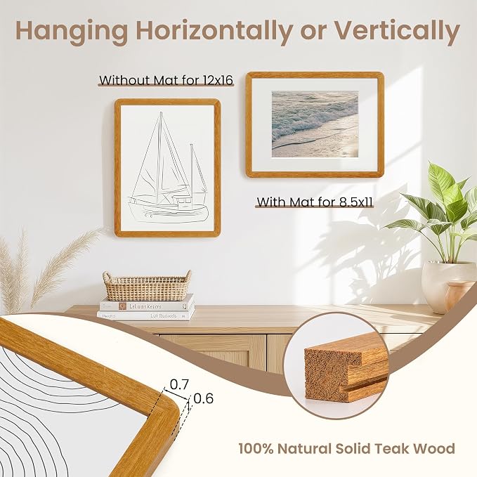 Fun Memories 12x16 Picture Frame - Solid Teak Wood 12x16 Poster Frame with Real Glass, 12 By 16 Picture Frame with Mat for 8.5x11, Horizontal or Vertical Wall Display, Natural Teak
