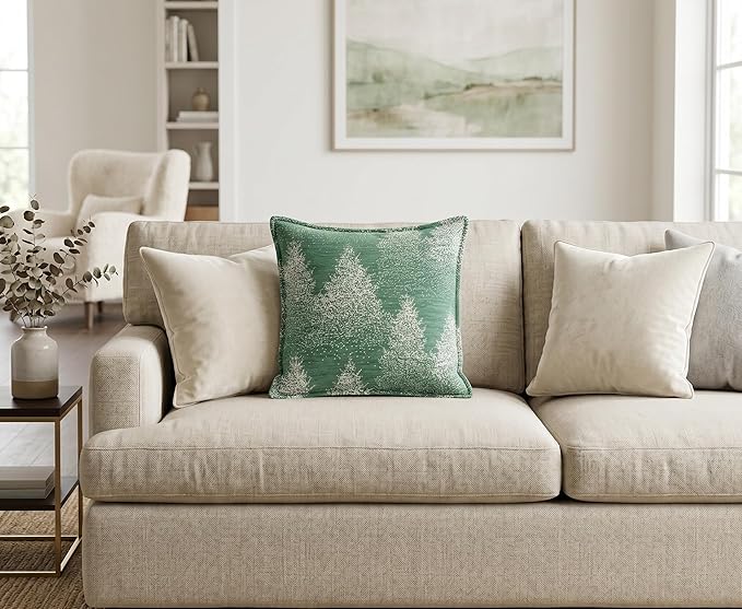 SanVia Cotton Throw Pillow Covers 20x20 – Handwoven Jacquard Texture, Fade-Resistant, No Pilling – Hidden Zipper, Decorative Cushion Cover for Sofa, Couch, Bed – Insert Not Included (Floral, Green)