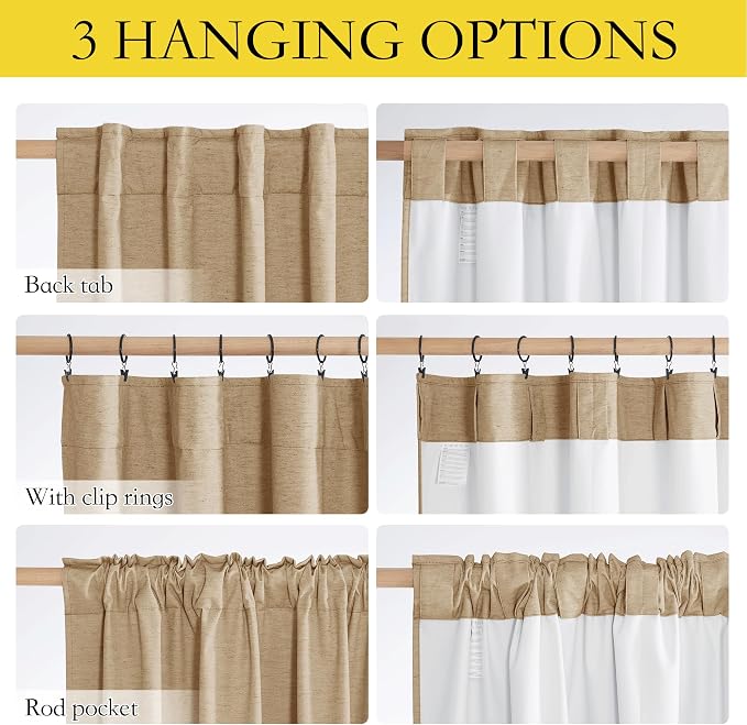 NICETOWN 100% Blackout Linen Curtains with Thermal Insulated White Liner, Camel, 52" Wide by 63" Long, 2 Pieces, Rod Pocket & Back Tab Linen Blend Privacy Window Treatments for Bedroom/Kids' Room