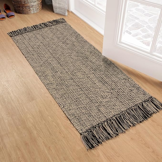 Collive Kitchen Runner Rug, 2x4.3 Hand-Woven Reversible Washable Bathroom Runner Rug for Entryway, Natural/Black Cotton Woven Boho Farmhouse Front Door Rug for Bedroom Entry Kitchen Floor Door Decor