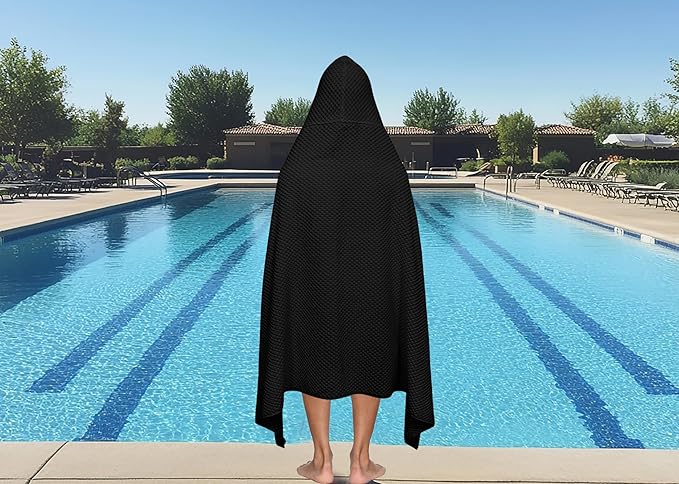 COTTON CRAFT Hooded Bath Towel – 2 Pack Oversized 35x70 Waffle Weave Towel with Hood for Adults - 100% Ringspun Cotton Pool Bath Sheet Wrap with Hood - Soft Super Absorbent Quick Dry – 450 GSM – Black