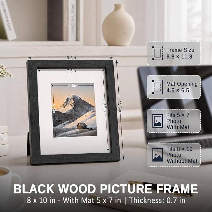 VCK 8x10 Picture Frames Black 3 Pack, Wide Border Solid Wood, Tempered Glass, Display 5x7 Photo with Mat or 8 x 10 without, for Home, Office, Gallery, Woodgrain Series, Tabletop & Wall Hanging