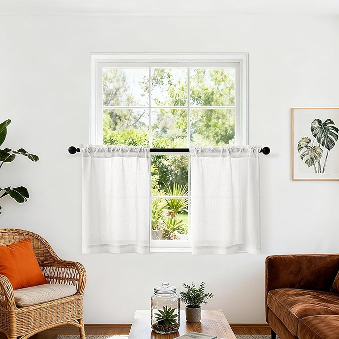 Cream Semi Sheer Kitchen Curtains for Small Windows 24 inch Length | Off White, Light Filtering, Linen, Boho Farmhouse, Rod Pocket, Cafe Drapes for Basement Bathroom , 25x24 Inch, 2 PCS