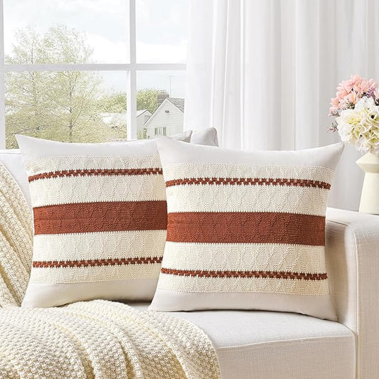 Fancy Homi Set of 2 Rust Boho Decorative Throw Pillow Covers 18x18 Inch for Couch Bed Sofa, Aesthetic Modern Organic Fall Room Decor, Soft Cotton Cute Terracotta Textured Farmhouse Cushion Case