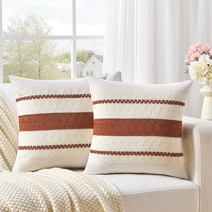 Fancy Homi Set of 1 Rust Boho Decorative Throw Pillow Covers 20x20 Inch for Couch Bed Sofa, Aesthetic Modern Organic Fall Room Decor, Soft Cotton Cute Terracotta Textured Farmhouse Cushion Case