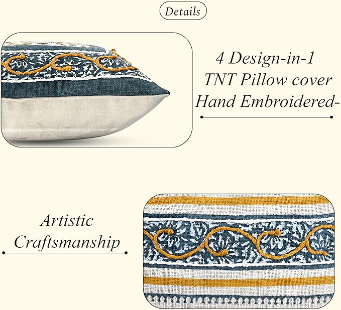 Ridhi Cream Mustard Blue Cotton Cushion Cover 20x20 Inch Decorative Throw Pillow Cover for Sofa, Living Room, Bedroom Decor, Soft, Cushion Case for Spring, Easter, Mother's Day