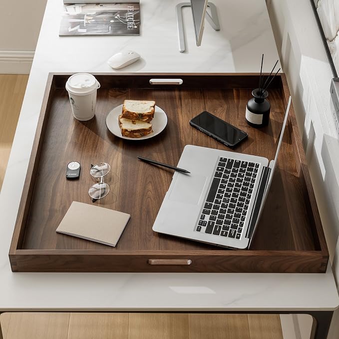 28 x 28 inches King Sized Square Ottoman Table Tray, Oversized Solid Wooden Black Walnut Decorative Serving Tray with Handles, Extra Large Cube Platter for Bed Oversized Ottoman