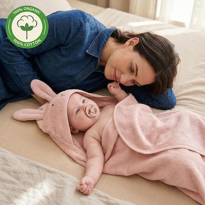 Hooded Baby Towel – 100% Organic Cotton Baby Bath Towels – Baby Girl Newborn Essentials - Super-Soft and Absorbent. (Rabbit - Blush)
