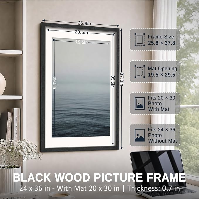 VCK 24x36 Picture Frames Black 3 Pack, Wide Border Solid Wood, Display 20x30 Poster with Mat or 24 x 36 without, for Home, Office, Gallery, Woodgrain Series, Wall Hanging
