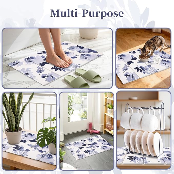 3 PCS Stone Dish Drying Mat for Kitchen Counter, Quick Dry Foldable Stone Dishes Mats, Water Absorbing Diatomaceous Earth Drying Organizer for Dishes Bottles, Cups and Tableware (Blue)