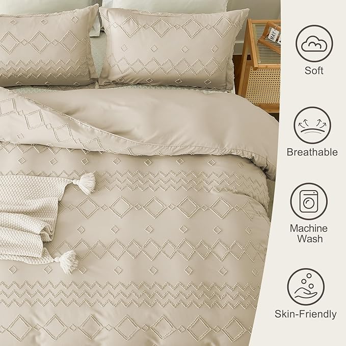 EMME Boho Duvet Cover Queen Size Beige - 3 Pieces Soft & Breathable Tufted Boho Shabby Chic Embroidery Bedding for All Seasons, 1 Duvet Cover with 2 Pillow Shams & Zipper Closure (Beige, Queen)