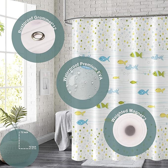Plastic Shower Curtain Liner, Premium EVA 5G Cartoon Fish Shower Curtain, Shower Curtains for Bathroom with 3 Magnetic Weights and Rustproof Grommets (Cartoon Fish, 72x72 in)