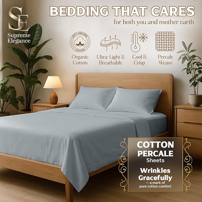 SUPREME ELEGANCE 4Pc 100% Organic Cotton Queen Sheets Set, Soft Silver, Cooling Percale, Deep Pocket Fitted Sheet, Fits 16" Mattresses, Breathable Bed Sheets & Pillowcases Set, Crisp Bedding