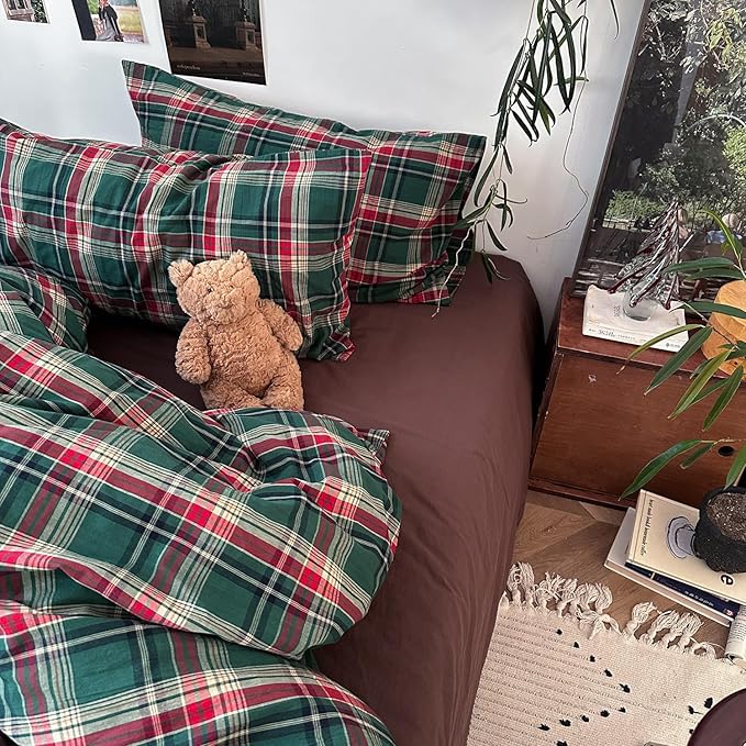mixinni Vintage Green Buffalo Plaid Washed Cotton Duvet Cover Queen - Soft Breathable Textured Bedding Set with Zipper Closure for All Seasons-1 Duvet Cover + 2 Pillow Shams-Queen Size