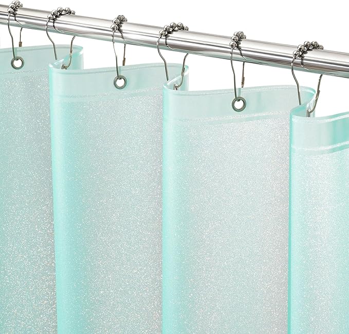 Seenus Teal Glitter PEVA Shower Stall Curtain 48 x 72 inch, Waterproof Plastic Sparkle Shower Curtain Liner with 2 Large Magnets, Dreamy Shimmery Narrow Bathroom Shower Curtain Aqua Green