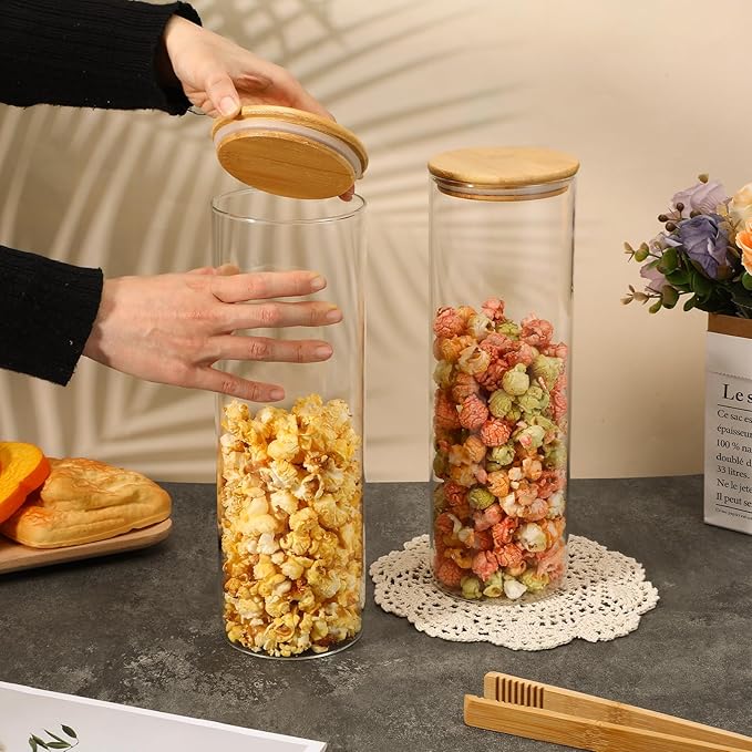Set of 3 Glass Food Storage Jars,70oz Large Food Containers with Airtight Bamboo Wooden Lids for Pasta, Nuts, Flour, Glass Canisters for Kitchen, Pantry Organization and Storage, BPA Free