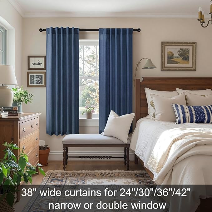 Navy Curtains 38 Inch Width for Kitchen Door 2 Panel Back Tab Pocket Semi Sheer Linen Light Filtering Skinny Small Window Curtain for Bedroom Closet Laundry Basement Bathroom Wide 38x63 Long Dark Blue