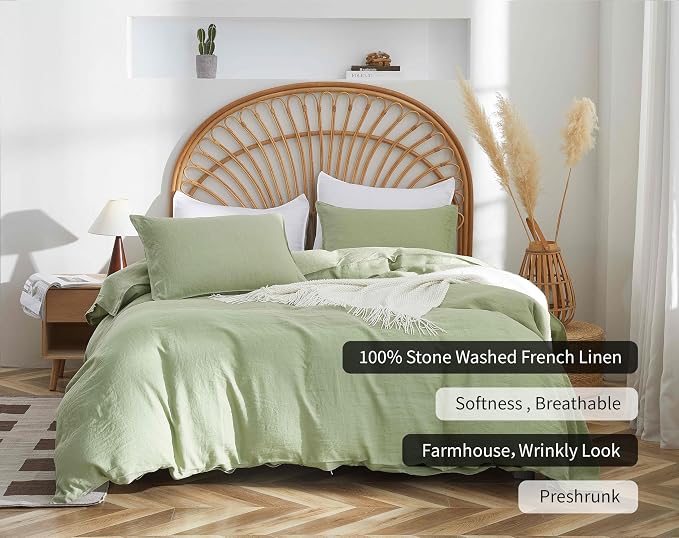 100% French Flax Linen Duvet Cover Set, Queen Size 90''x90'' 3 Pcs with 8 Corner Ties and Button Closure, Soft and Breathable for All Season (Green, Queen)