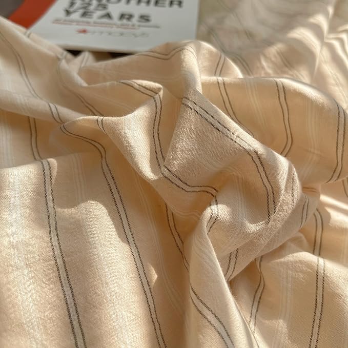 mixinni Retro Striped Duvet Cover Set Twin Size - 100% Washed Cotton Beige Duvet Cover with Black White Stripes, Soft Breathable 3 Piece Comforter Cover with Zipper Closure & Corner Ties