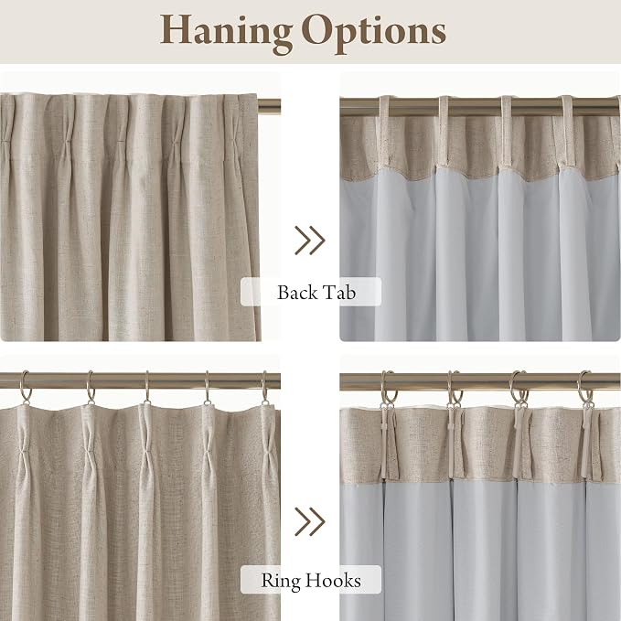 RYB HOME Natural Pinch Pleated Linen Curtains, 100% Blackout Thermal Insulated Double Layer Textured Curtains for Sliding Glass Door Picture Window, Taupe, 40" W x L90 L, 2 Panels Set