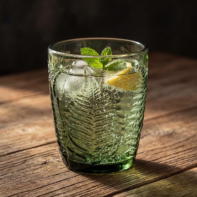 Green Drinking Glasses Set of 4, 10 oz Hand-Pressed Old Fashioned Glass Cups, Fern Textured Retro Lowball Tumblers, Vintage Glassware for Water, Whiskey, Wine, Cocktails & Juice, Housewarming Gift Set