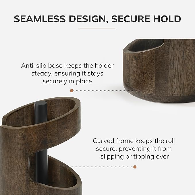 Anji Mountain Wooden Paper Towel Holder Countertop with Mango Wood Round Base and Iron Holder, Holder Stand for Kitchen Roll Organizer & Kitchen Dining Table Home Decor - Chocolate/Black, Arc Hold