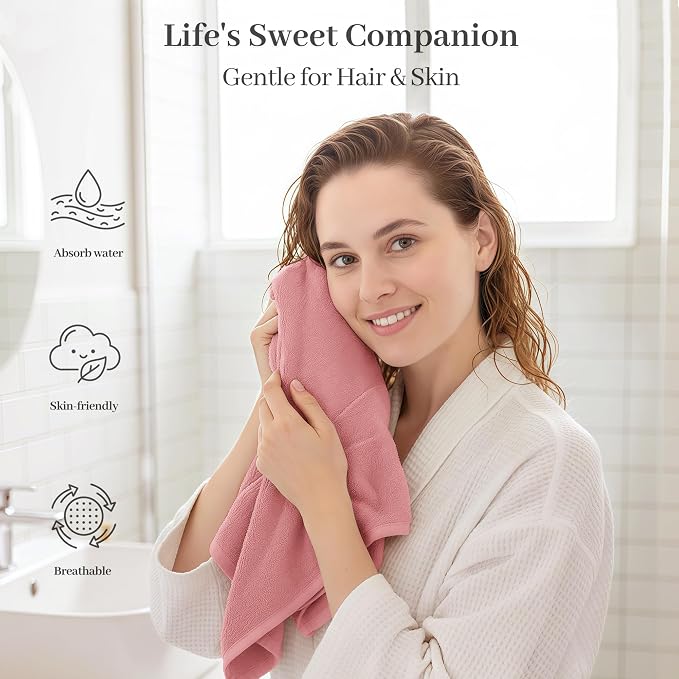 ROLSHOL Cotton Hair Towel Wrap for Women, 2 Pack 100% Cotton Hair Drying Towels for Long, Thick & Curly Hair, 32" x 11" Large Hair Turban for Wet Hair with Elastic Band (Pink Leopard Print)