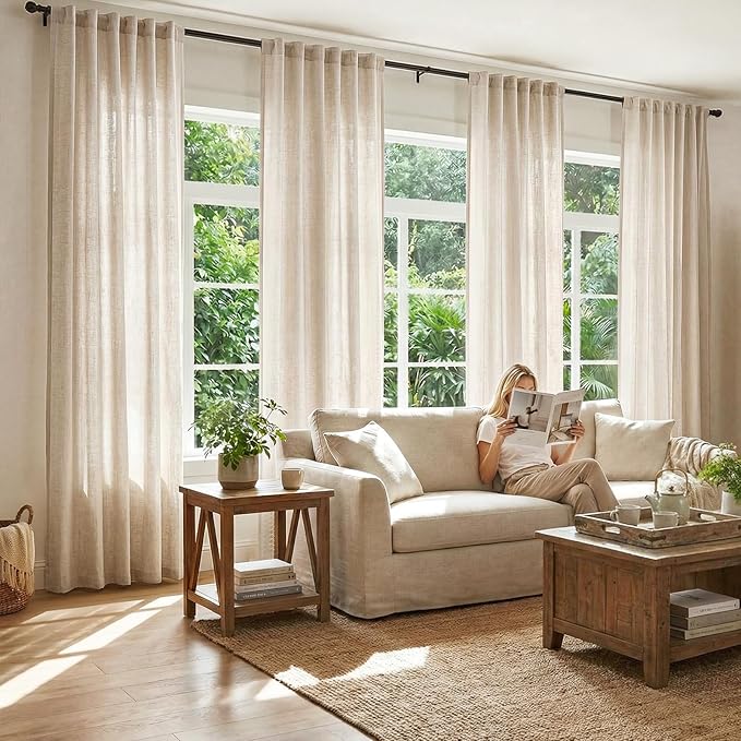 jinchan Beige Linen Blend Curtains 84 Inches Length 2 Panels for Bedroom Living Room, Light Filtering 50 Inches Wide Natural Farmhouse Drapes with Rod Pocket Back Tab (50W x 84L, Ecru)