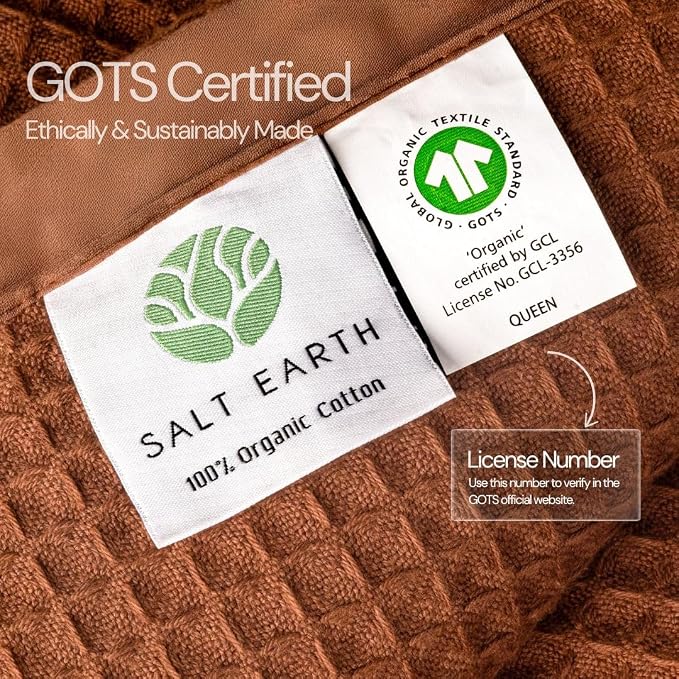 Salt Earth GOTS Certified 100% Organic Cotton Throw Blanket, 55"x60" Waffle Blankets & Throws for Bed, Throw Blanket for Couch, Cozy Christmas Blankets and Throws for Christmas Gifts (Potting Soil)