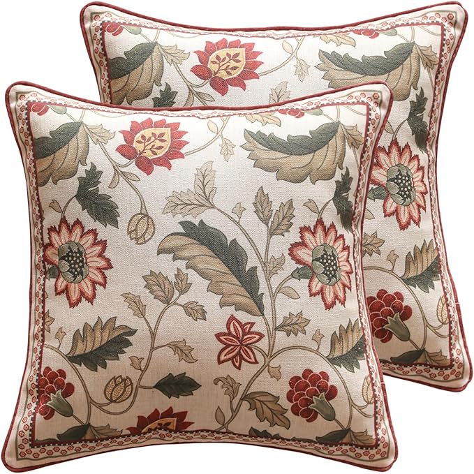 ISAENNE Design Square Pink Floral Linen Throw Pillow Covers 18"x18" Pack of 2, Vintage Country Flowers Pattern Cushion Covers Decor Pillowcases for Bed,Living Room,Outdoor,Car