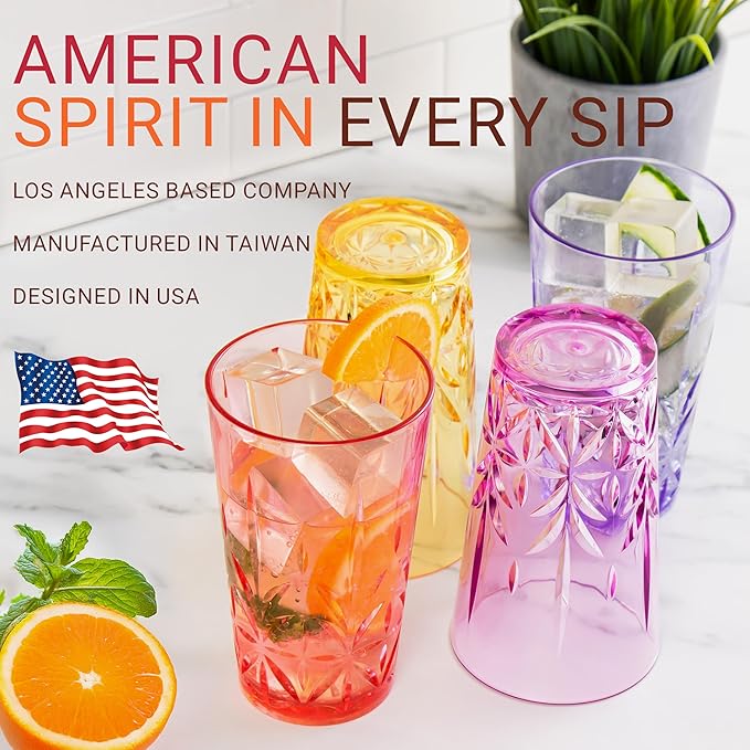 Bravario Royal Plastic Drinking Tumbler, Premium Quality Water Glasses, Dishwasher-Safe BPA-Free Durable Mixed Colors Assorted Stackable Cups, 18 oz Set of 12