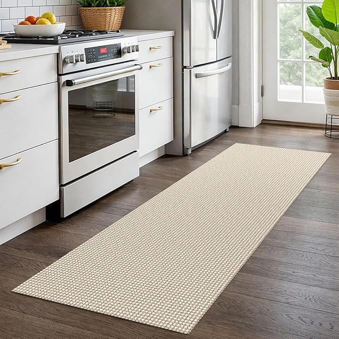 EARTHALL Woven Runner Rug 2x6 Ft Washable Runners for Hallways Cotton Non Slip Rubber Backed Kitchen Runner Braided Indoor Floor Carpet for Entryway, Hallway, Kitchen, Bedroom, Beige/Ivory