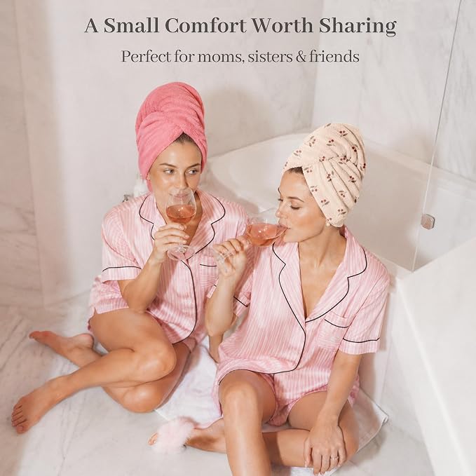 ROLSHOL Cotton Hair Towel Wrap for Women, 2 Pack 100% Cotton Hair Drying Towels for Long, Thick & Curly Hair, 32" x 11" Large Hair Turban for Wet Hair with Elastic Band (Pink)