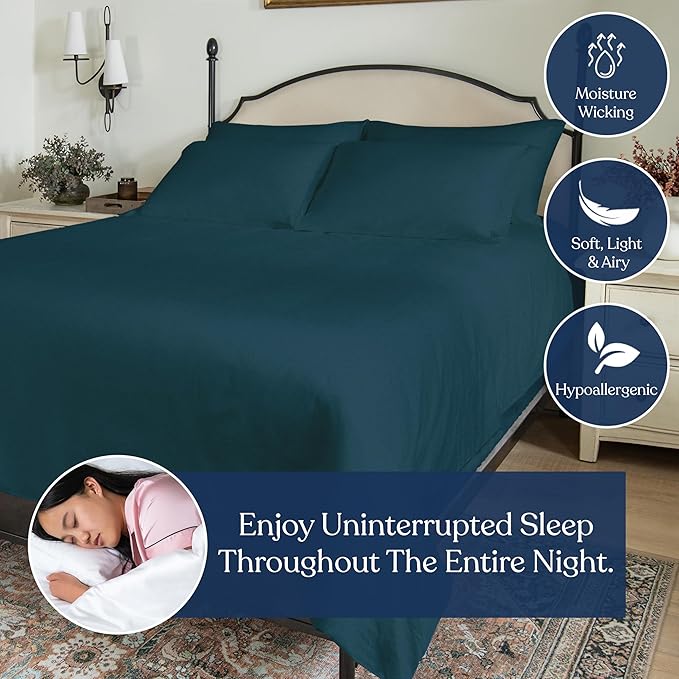 GOTS Certified 100% Organic Cotton Percale Duvet Cover Set 400TC, Smooth & Breathable, Duvet for Hot Sleepers with 8 Internal Ties, (Midnight Blue, Queen - 3 Piece with 2 Standard Sham)