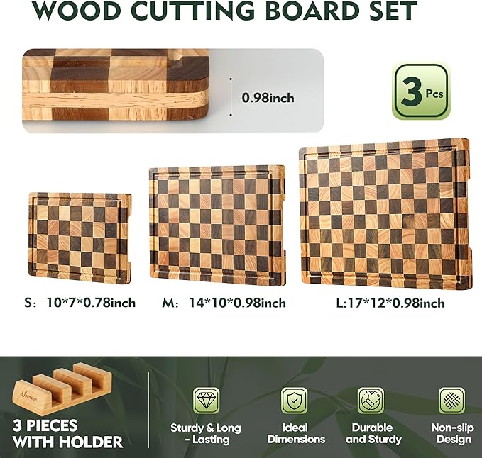 3 Pack Checkered Wood Cutting Board Set Cutting Boards for Kitchen Non Slip Acacia Wood Chopping Board with Juice Grooves & Handles Wooden Chopping Board Butcher Block End Grain