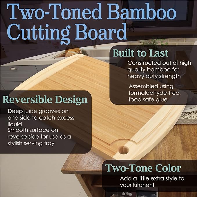 BambooMN Heavy Duty Premium Bamboo Two-Toned Cutting Board w/Hanging Hole - 17.25" x 11.75" x 0.75" - Grooved/Flat - 1 Piece