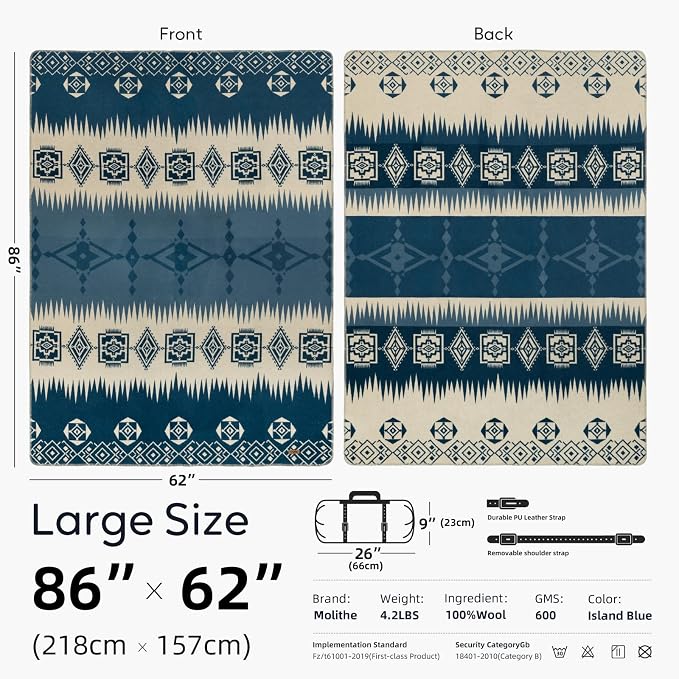 Molithe 100% Wool Blanket, 62" x 86", Warm, Thick, Washable, Military | Great for Camping, Outdoors, Sporting Events, Survival Kits Island Blue