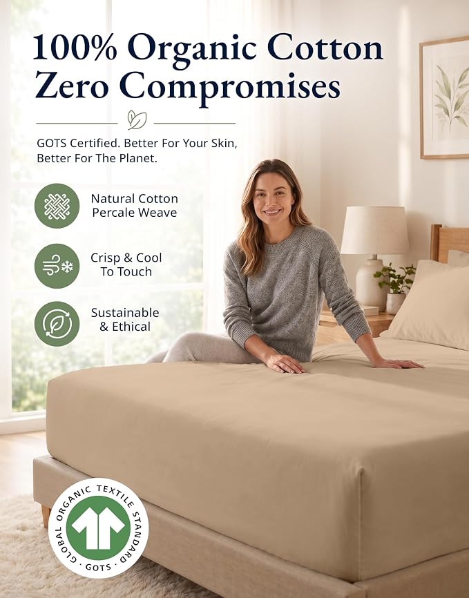LANE LINEN Twin Fitted Sheet Set (No Flat Sheet) - 100% Organic Cotton Soft & Breathable Percale Weave Fitted Sheet Set For Added Comfort - 15'' Deep Pocket For Snug Fit - GOTS Certified - Taupe