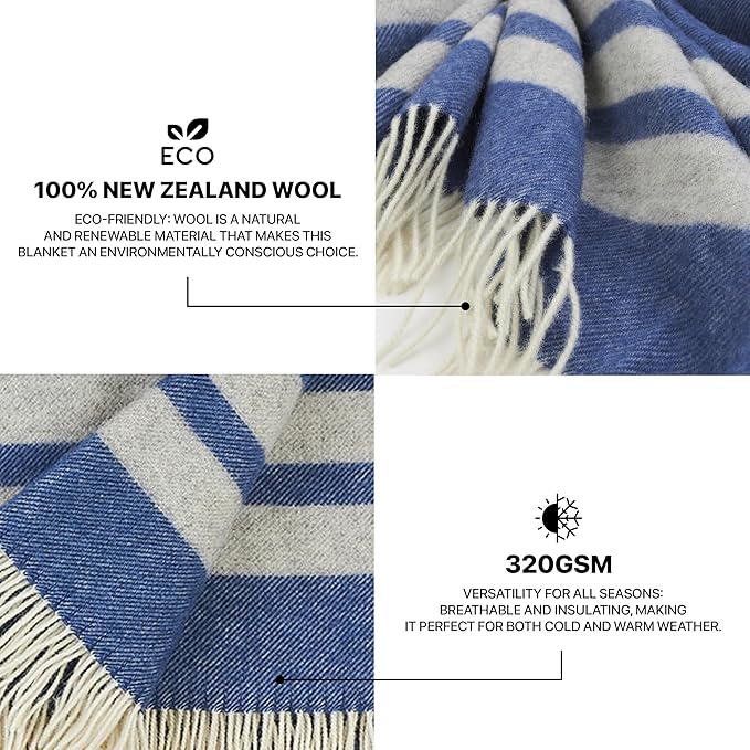 | Wool Blanket/Throw | 100% New Zealand Wool | Perfect for Home and Outdoors | Virgin Wool Blanket with Fringes 55"x79" (140 x 200 cm) (Indigo Blue)