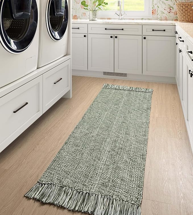 Collive Hallway Runner Rug, 2' x 5' Soft Washable Kitchen Runner Rug, Olive Green/Cream Contemporary Modern Laundry Room Rugs Indoor Hand-Woven Cotton Carpet for Bedroom Entryway Front Door Farmhouse