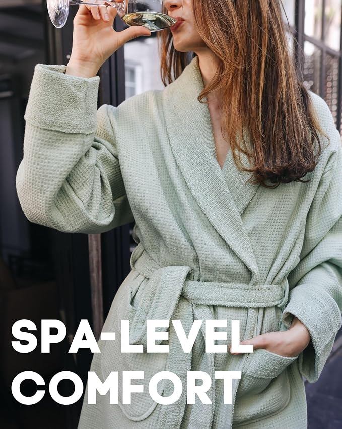 sea me at home Turkish Cotton Waffle Bathrobe, Luxury Spa Hotel Shawl Collar Robe for Women & Men, Plush Terry Inside