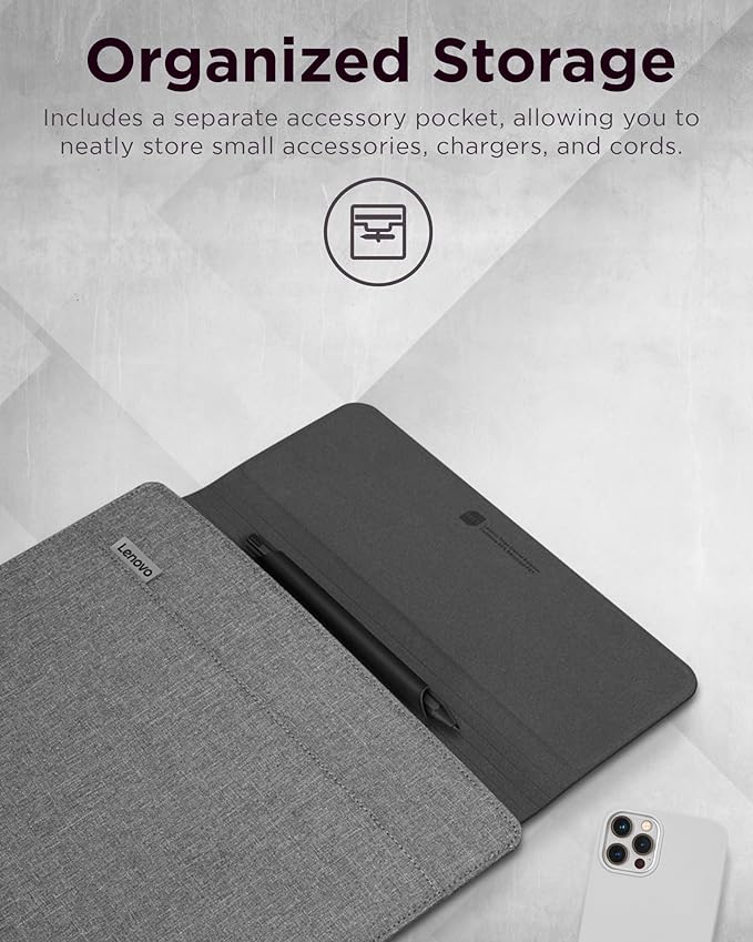 Lenovo Slim Laptop Sleeve 14 Inch Notebook/Tablet - Compatible with MacBook Air/Pro - Eco-Friendly Lightweight Case with Accessory Pocket & Magnetic Closure - Grey