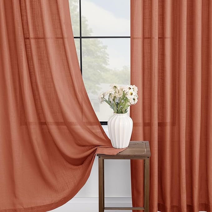 45 inch Linen Terracotta Curtains 2 Panels for Living Room Back Tab Light Filtering Semi Sheer Rust Colored Curtains 45 inches Long Soft Thick Cotton Cloth Textured Rustic Boho Farmhouse Room Decor