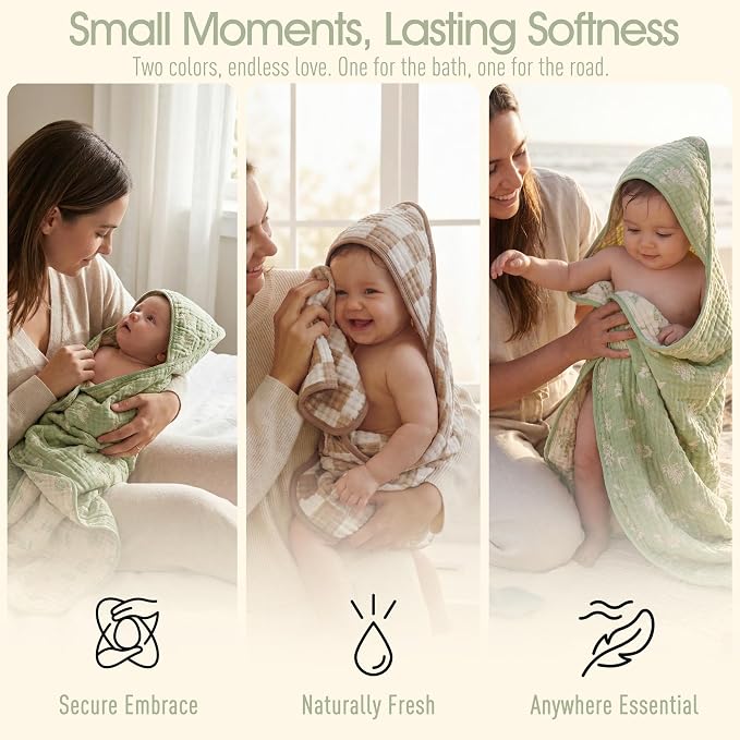 Muslin Baby Towel Set, 4-Piece Newborn Gift with 2 Bath & 2 Washcloths, Baby Shower Ready, Earthy Botanicals Theme 32" X 32"