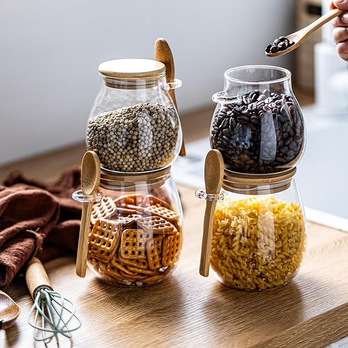Airtight Glass Food Storage Jars with Bamboo Lid and Spoon - Wide Mouth Leak Proof Kitchen Canisters for Coffee Beans,Tea Leaves,Cereal,Flour,Nuts,and Pantry Organization (26oz 2PCS)