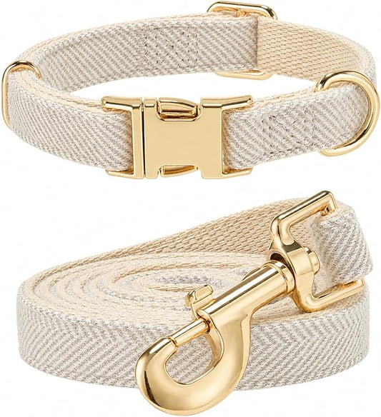 Herringbone Tweed Dog Collar and Leash Set for Large Dogs, Gray | Snag-free, no-rub design. Soft breathable cotton, gentle on fur. Adjustable durable matching combo for walks & outdoors.