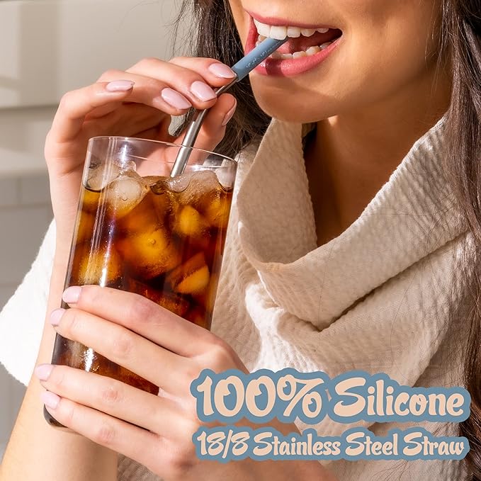 Softy Straws Premium Reusable Stainless Steel Drinking Straws With Silicone Tips + Patented Straw Cleaners and Carrying Case - 9” Long Metal With Curved Bend for 20/30/32oz Tumblers - Natural Colors
