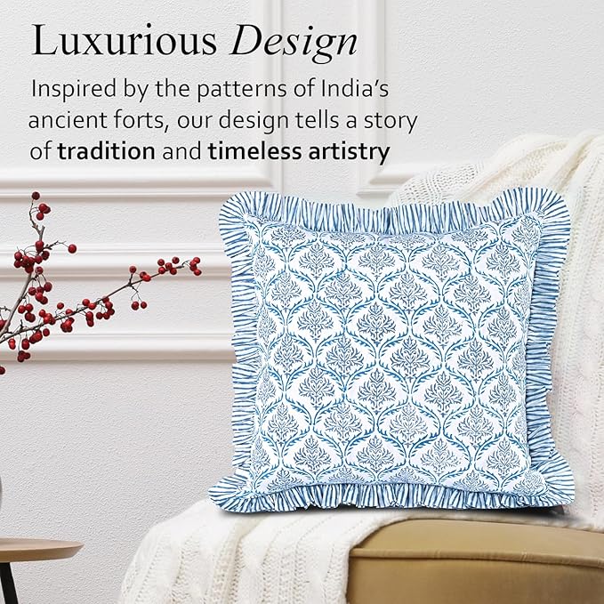 CPC Indigo Regal Hand Block Print 100% Cotton Ruffle Throw Pillow Cover 18x18 inch with Hidden Zipper Decorative for Couch, Bed, Sofa, Farmhouse, Cottagecore Decor Gift Christmas Fall Thanksgiving