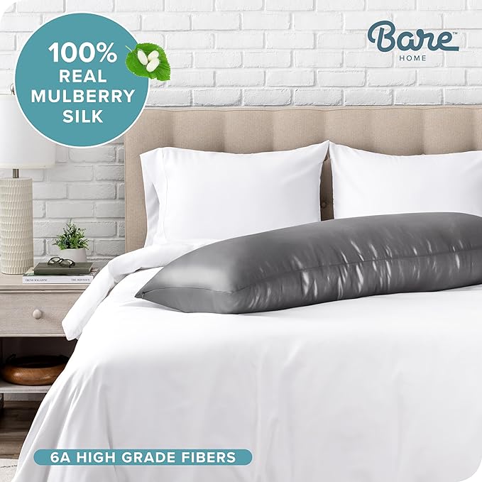 Bare Home 100% Mulberry Silk Pillowcase for Hair and Skin - Ultra Premium 6A Grade 19 Momme Silk Pillow Case - Hidden Zipper - Breathable Cooling Pillow Cover (Body, Grey)